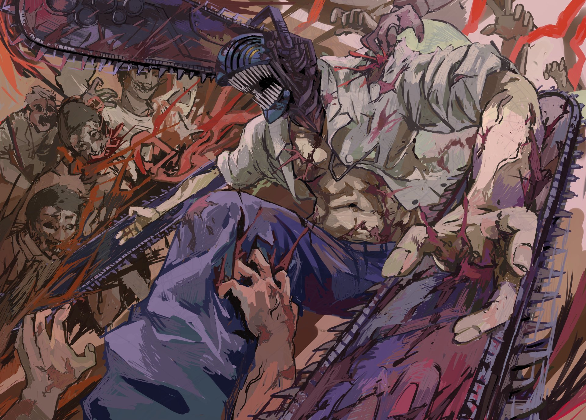 A dynamic 4K Ultra HD anime wallpaper featuring Denji from Chainsaw Man in intense battle, showcasing vivid action and detailed artwork.