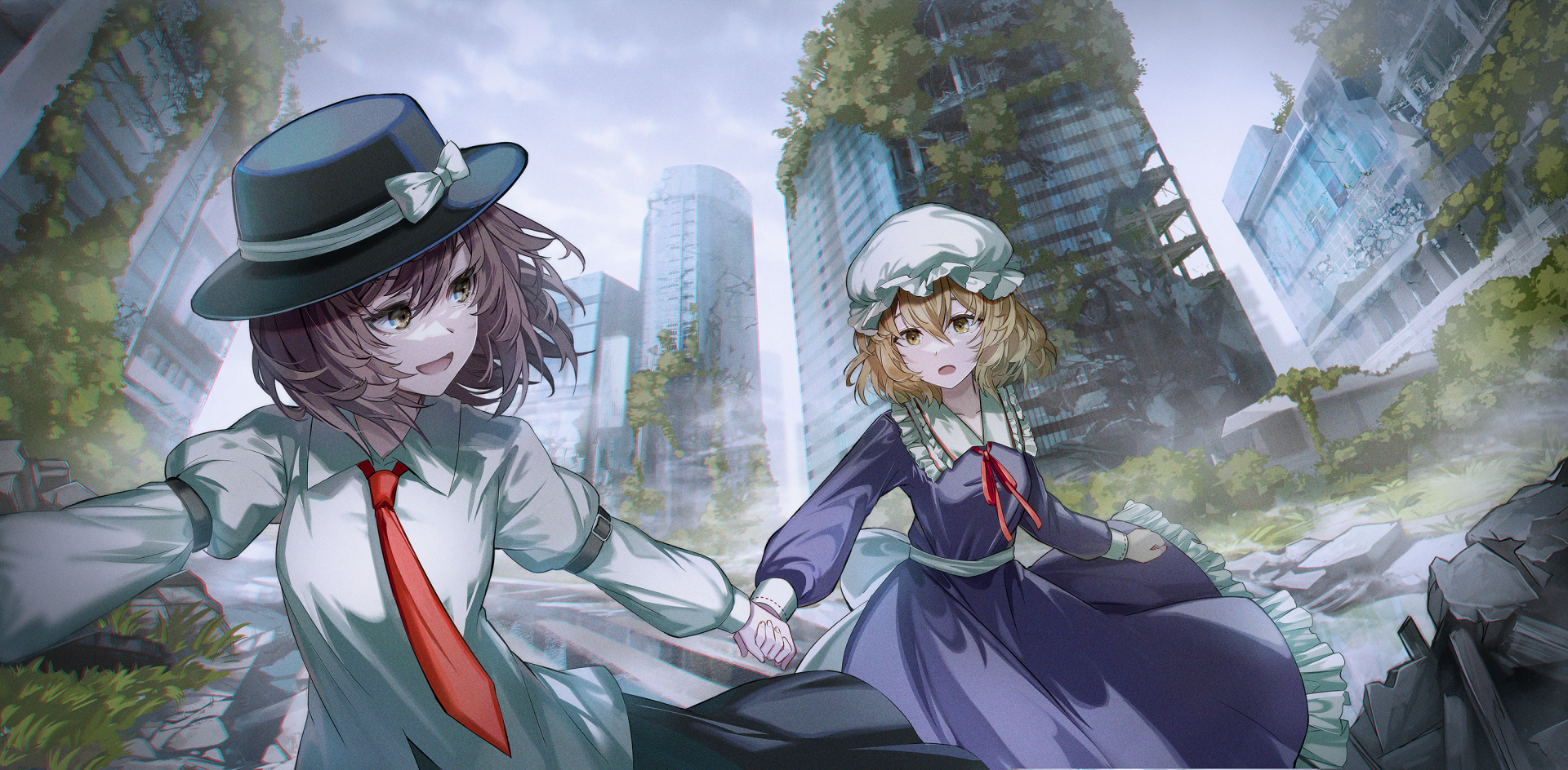HD PC desktop wallpaper featuring Renko Usami and Maribel Hearn from Touhou, set against a backdrop of futuristic, overgrown city skyscrapers in an anime style.