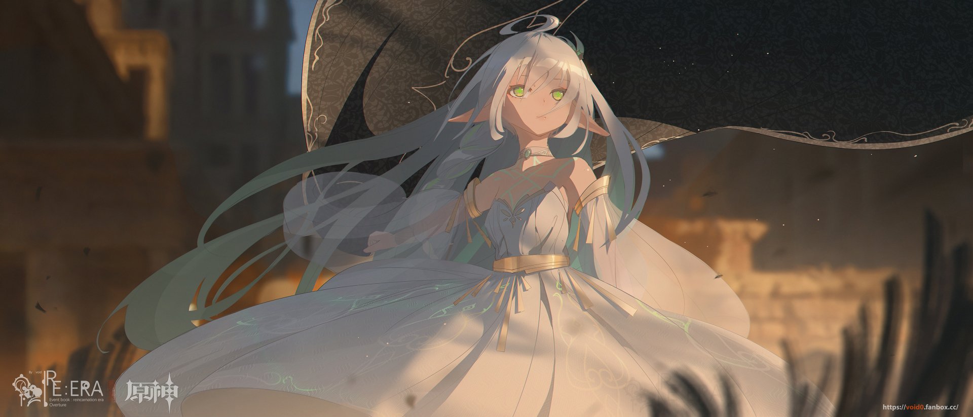 HD PC desktop wallpaper featuring Nahida from the video game Genshin Impact, showcasing her ethereal design and glowing green eyes in a detailed, atmospheric scene.