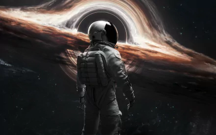 A sci-fi astronaut in a detailed spacesuit gazes at a swirling black hole, captured in stunning 4K Ultra HD as a PC desktop wallpaper and background.