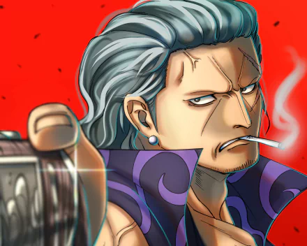 HD anime wallpaper of Ben Beckman from One Piece, featuring his intense gaze and smoking a cigarette against a bold red background.