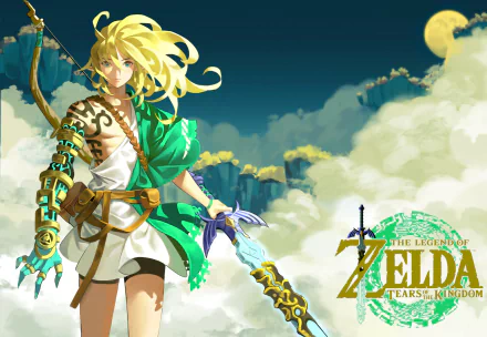 HD desktop wallpaper featuring Link from The Legend of Zelda: Tears of the Kingdom, standing against a backdrop of clouds and floating islands, with the game's logo prominently displayed.