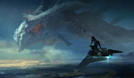 Sci‑fi HD PC desktop wallpaper and background: a lone pilot on a sleek hovercraft approaches a colossal alien creature emerging from misty seas.