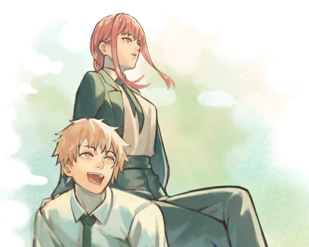 Makima and Denji from Chainsaw Man in anime style, 2K Quad HD PC desktop wallpaper: Makima stands composed, Denji sits laughing against a soft pastel sky background