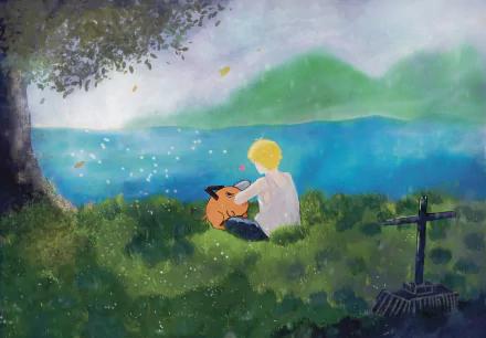 Pastel anime scene of Denji petting Pochita by a lakeside under a tree — Chainsaw Man fan art, 2K Quad HD PC desktop wallpaper/background.