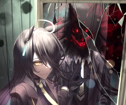 HD PC desktop wallpaper/background of Manhattan Café from Uma Musume: Pretty Derby — anime girl with silver hair and golden eyes as a sinister red‑eyed shadow demon looms behind cracked glass.