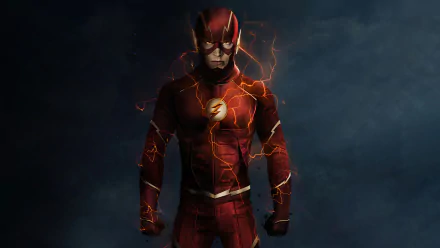 HD PC desktop wallpaper of The Flash comic superhero in red suit, standing amid crackling lightning on a dark, smoky background.