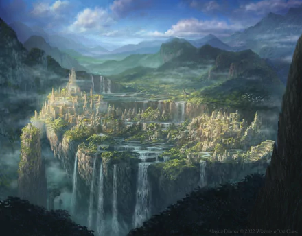 HD fantasy cityscape wallpaper depicting an ancient, sprawling city built on cliffs with cascading waterfalls, surrounded by lush forests and distant mountains under a cloudy sky.