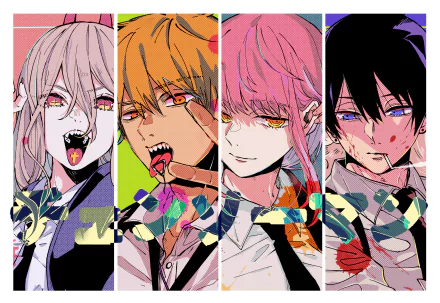 HD desktop wallpaper featuring anime characters Aki Hayakawa, Makima, Denji, and Power from Chainsaw Man with colorful backgrounds and stylized text overlay.