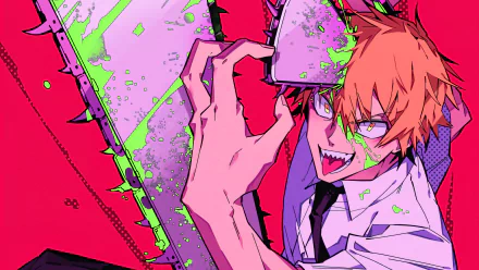Vibrant 4K Ultra HD anime wallpaper of Denji from Chainsaw Man wielding his iconic chainsaw, showcasing vivid colors and dynamic energy in a detailed PC desktop background.