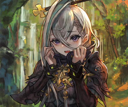 2K Quad HD desktop wallpaper of Huyan Zhuo (Assassin, Fate/Grand Order): anime close-up, silver hair, purple eyes, ornate dark armor, hands near face, sunlit forest background.