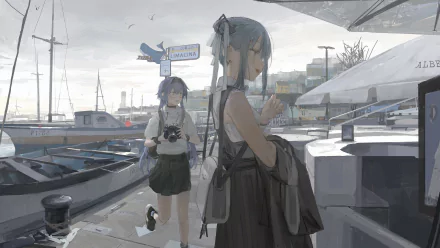 HD anime desktop wallpaper featuring two anime girls standing by a harbor with boats and buildings in the background under a cloudy sky.