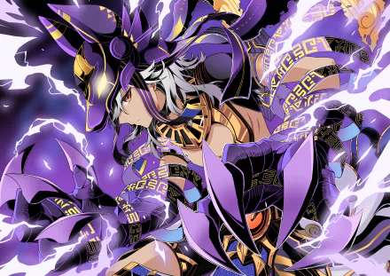 HD PC desktop wallpaper featuring Cyno from Genshin Impact, showcasing vibrant purple and gold hues with dynamic energy effects from the video game.