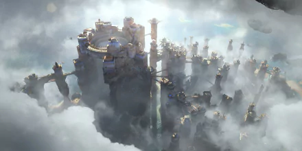 HD fantasy cityscape floating above clouds, featuring towering, ancient structures and bridges, designed as a vivid PC desktop wallpaper and background.