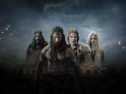 4K Ultra HD PC desktop wallpaper for the movie The Northman: four stern Viking figures from the film's cast stand against a stormy, ash-filled sky.