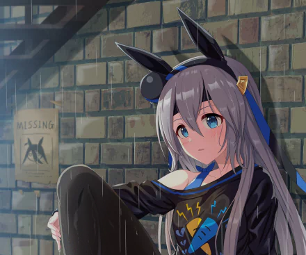 Tamamo Cross from Uma Musume: Pretty Derby in a rain-soaked alley, blue-eyed with rabbit ears and hoodie — 2K Quad HD PC desktop wallpaper/background.