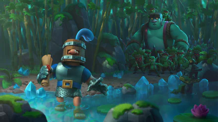 Video game Clash Royale 4K Ultra HD PC desktop wallpaper and background: two characters wade through a glowing forest pond — a small armored fighter with a barrel helm and a large green ogre.