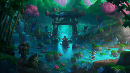 Clash Royale 2K Quad HD PC desktop wallpaper: moonlit forest pond with a mossy stone torii, glowing steps, lily pads and tiny warriors crossing mossy stepping stones.
