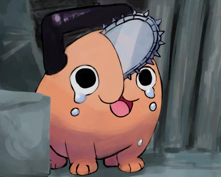 HD desktop wallpaper featuring Pochita from the anime Chainsaw Man. Pochita is depicted with expressive eyes and a chainsaw on his head, standing against a dark background.