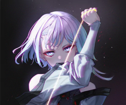 HD anime desktop wallpaper featuring Lucy from Cyberpunk: Edgerunners with glowing eyes and a dynamic pose against a dark background.