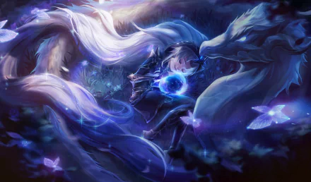 HD PC desktop wallpaper of Zoe (League of Legends) conjuring a glowing blue star orb amid swirling cosmic tails — League of Legends video game art.