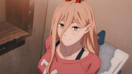 HD anime wallpaper featuring Power from Chainsaw Man with a confident expression, set against a muted indoor background.