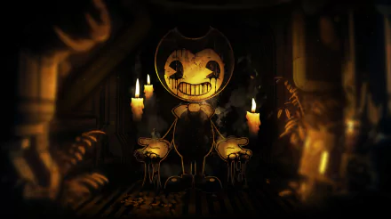 Bendy and the Dark Revival video game 2K Quad HD PC wallpaper: grinning ink-oozing cartoon figure in a dark, candlelit, dripping studio.
