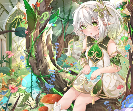 Nahida Aranara from the video game Genshin Impact — HD PC desktop wallpaper of a white‑haired, green‑clad Aranara seated by a glowing tree in a lush, flowered forest.