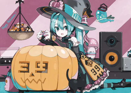 HD anime desktop wallpaper featuring Hatsune Miku in a witch costume with Halloween-themed decorations and a large carved pumpkin, styled in vibrant Vocaloid art.