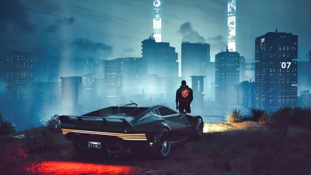 HD PC desktop wallpaper featuring a Cyberpunk 2077 scene with a futuristic city skyline and a character standing beside a sleek, armored car at night.