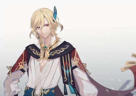 Kaveh from Genshin Impact in ornate scholar robes and a feathered hairpiece against a soft gradient — 4K Ultra HD PC desktop wallpaper.