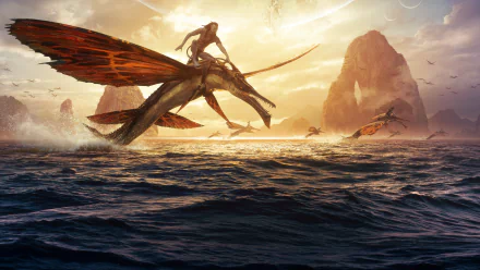 An 8K Ultra HD PC desktop wallpaper depicting a scene from the movie Avatar: The Way of Water with characters riding flying creatures over the ocean at sunset.