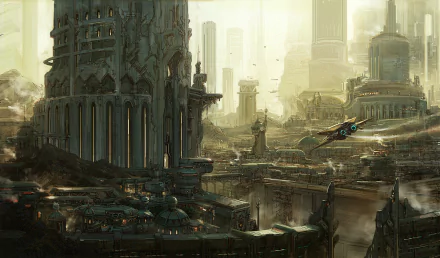 Sci‑Fi city HD PC desktop wallpaper showing a sprawling futuristic metropolis with towering architecture, layered platforms and sleek flying vehicles under a hazy sky.