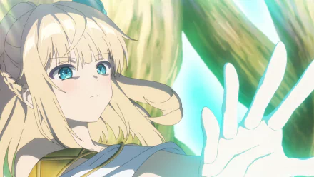 HD anime desktop wallpaper featuring Sora from Beast Tamer with flowing blonde hair and blue eyes, extending her hand amidst a vibrant, sunlit forest background.