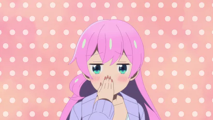 HD anime desktop wallpaper featuring Akari Watanabe from More Than a Married Couple but Not Lovers, with a pink polka dot background and a shy expression.