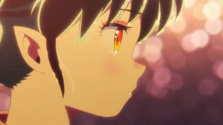 Close-up profile of Lum (Urusei Yatsura 2022), anime portrait with glowing amber eyes and a soft blush against warm bokeh — HD PC desktop wallpaper and background.