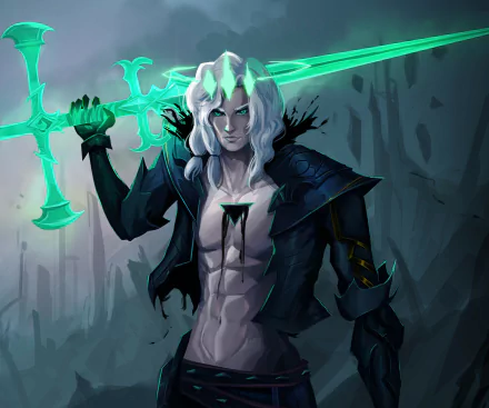 Viego (League of Legends) HD PC desktop wallpaper: pale, white‑haired undead king brandishing a glowing green blade in a dark, stormy scene — League of Legends video game art.