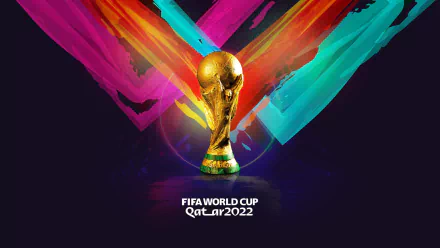 Vibrant 2022 FIFA World Cup trophy with dynamic colorful streaks on a dark background, designed as an HD PC desktop wallpaper celebrating Qatar 2022.