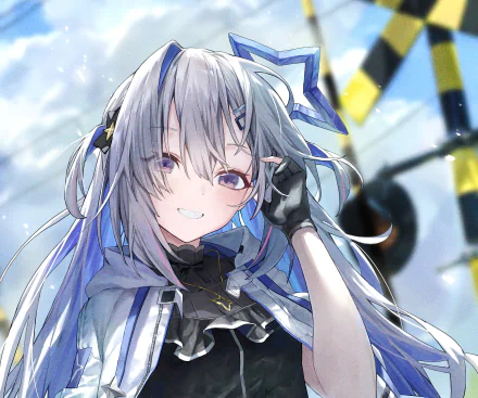 HD anime desktop wallpaper of hololive Virtual YouTuber Amane Kanata — silver-haired girl in a blue-white outfit, gloved hand to her head, smiling against a soft sky and mechanical backdrop.