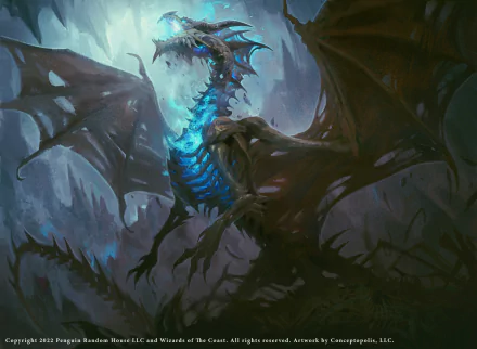 HD desktop wallpaper featuring a man-made dragon with glowing blue accents in a dark, mystical setting, inspired by Dungeons & Dragons themes.