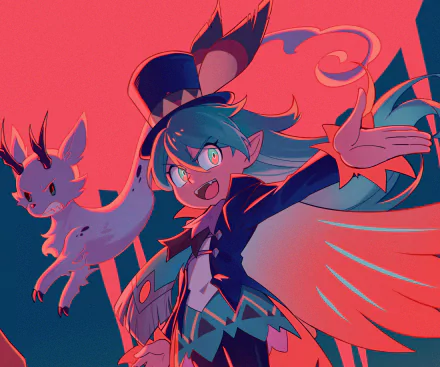 HD PC desktop wallpaper/background from the TV show Hilda: teal‑haired Hilda in a flowing cloak, leaping with a small fox-like companion against a bold red‑pink backdrop.