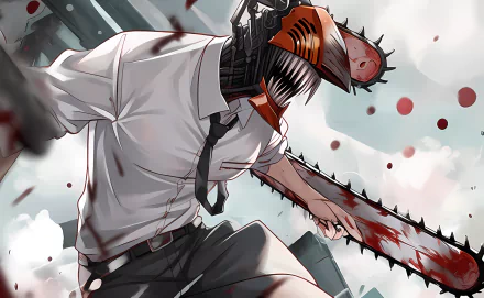 Denji (Chainsaw Man) roaring with chainsaw head and arm, blood spatters and dynamic motion — anime HD PC desktop wallpaper/background.