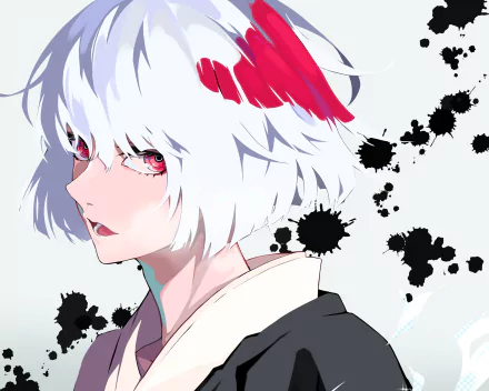 HD PC desktop wallpaper featuring Uraume from the anime Jujutsu Kaisen, with striking white hair and red eyes against a backdrop of black ink splatters.