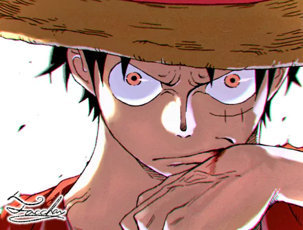 HD anime desktop wallpaper featuring Monkey D. Luffy from One Piece with an intense expression, wearing his signature straw hat.