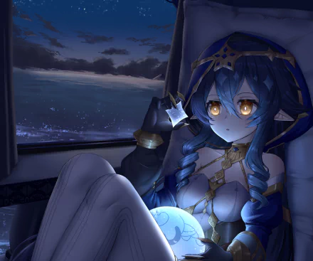 Layla (Genshin Impact) video game HD PC desktop wallpaper: blue-haired mage sits by a window at night holding a glowing tome, city lights glittering outside.