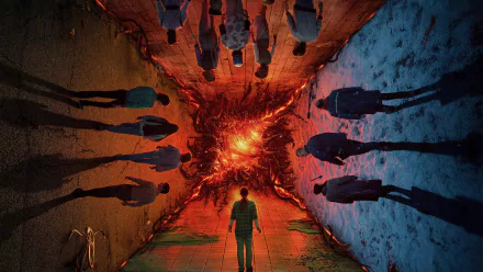 HD PC desktop wallpaper featuring a dramatic scene from the TV show Stranger Things with a group facing a fiery, glowing portal.