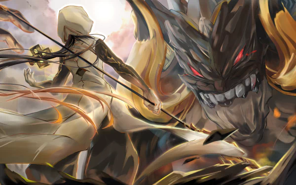 HD PC desktop wallpaper from the video game Genshin Impact: Rex Lapis Zhongli confronts the draconic Azhdaha amid glowing geo sigils.