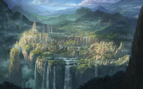 HD fantasy cityscape wallpaper depicting an ancient, sprawling city built on cliffs with cascading waterfalls, surrounded by lush forests and distant mountains under a cloudy sky.