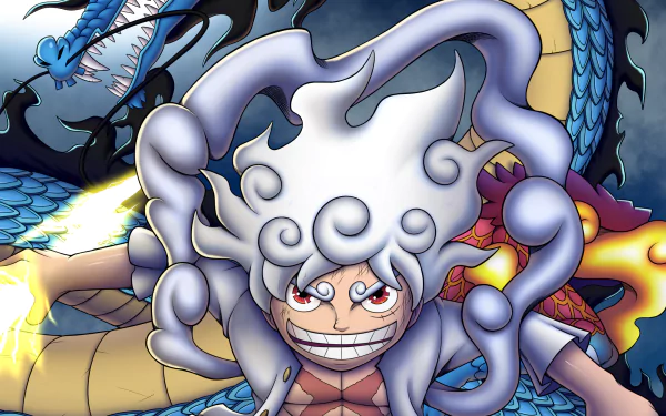 HD PC wallpaper: Monkey D. Luffy in Gear 5 grins with cloud-like white hair and fiery aura as Kaido's blue dragon coils behind him — One Piece anime Luffy vs Kaido battle scene.