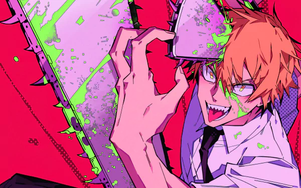 Vibrant 4K Ultra HD anime wallpaper of Denji from Chainsaw Man wielding his iconic chainsaw, showcasing vivid colors and dynamic energy in a detailed PC desktop background.